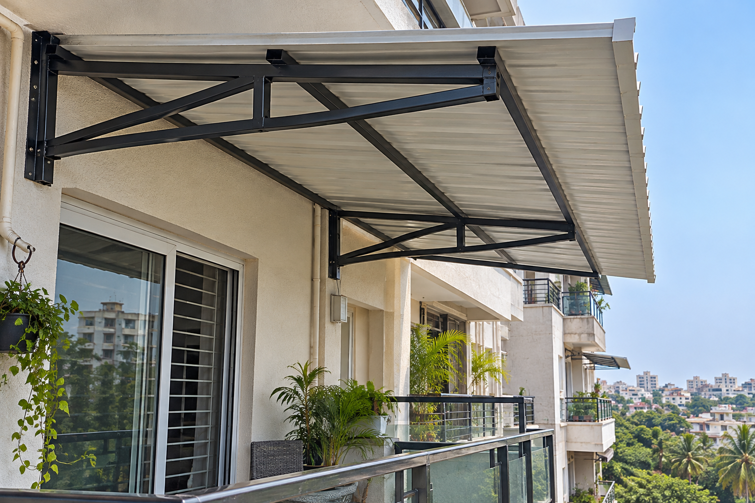 Covered residential balcony with a modern rain shield